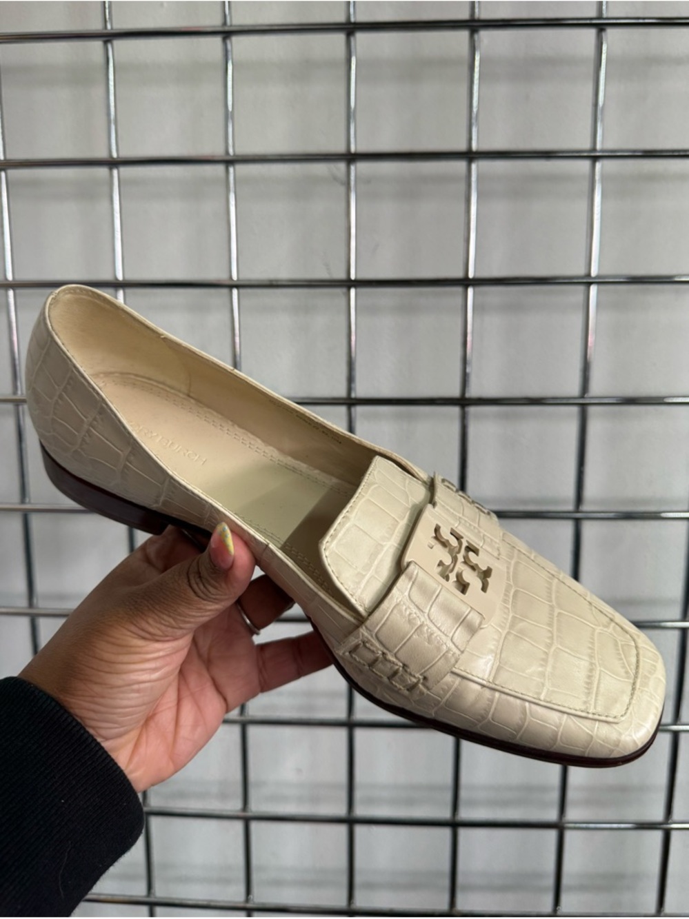 Tory Burch Cream Croc-Embossed Slip-On Loafers with Logo